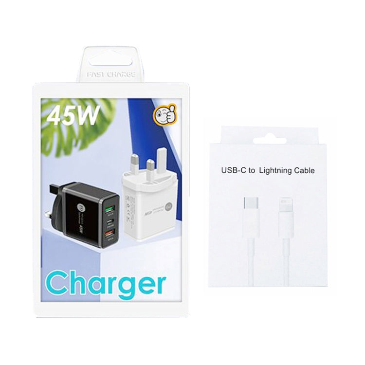 45W PD3.0 + 2 x QC3.0 USB Multi Port Charger with Type-C to 8 Pin Cable, UK Plug, UK Plug + Type-C to 8 Pin Cable